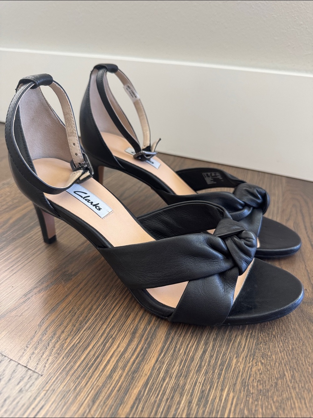 Clarks Black Leather Amali Tulip Slip-On ankle strap heeled sandals